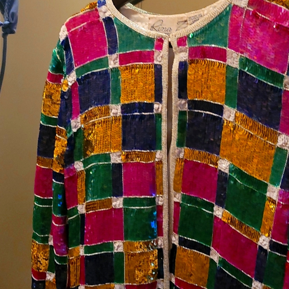 Vintage sequin  rina z Silk Sequin Window Pane Vintage Jacket Size med (m)